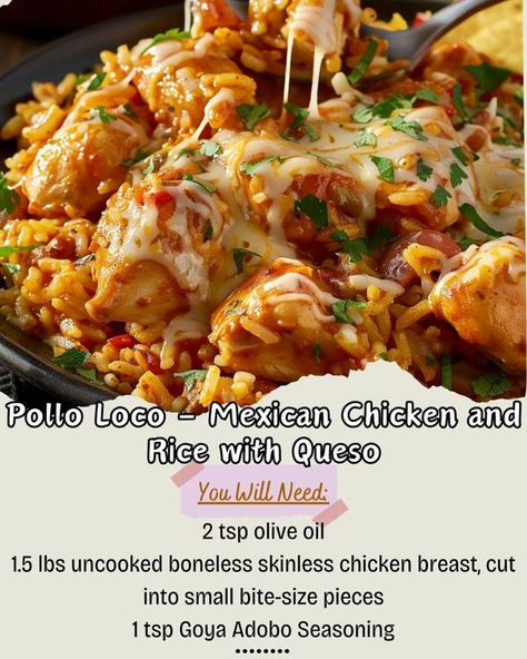 Chicken And Rice With Queso, Pollo Loco Chicken, Mexican Chicken And Rice, Mexican Chicken, Chicken And Rice, My Recipes, Chicken Rice, Mexican Dishes, Mexican Food