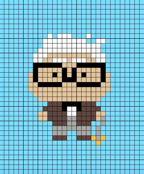 A pixel art template of Carl Fredrickson from Pixar's Up film. Up Perler Beads, Up Perler Bead Pattern, Pixar Pixel Art, Pixar Cross Stitch, Pixel Art Disney, Disney Pixel Art, Disney Silhouette Art, Up Pixar, Up The Movie