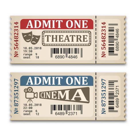 Movie Theater Tickets Free Printable, Theatre Ticket Aesthetic, Theatre Ticket Template, Theater Ticket Design, Movie Ticket Drawing, Ticket Design Vintage, Cinema Ticket Design, Theater Graphic Design, Theatre Ticket Design