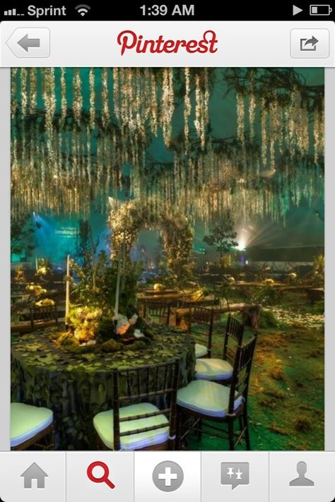 Bayou themed reception- this is stereotypical and not like real life in the swamp but I love it anyway Swamp Theme Wedding, Unique Forest Wedding, Avatar Wedding, Woodland Reception, Forest Reception, Cosmic Perspective, Queer Prom, Enchanted Forest Prom, Swamp Theme