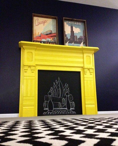 Bright painted mantle Colorful Fireplace Painted, Trendy Living Room Colors, Yellow Fireplace, Painted Fireplace Mantels, Staff Kitchen, Painted Mantle, Brick Painting, Loft Playroom, Neon Gas