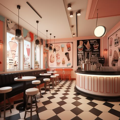 1950 Ice Cream Parlor, Vintage Ice Cream Aesthetic, 80s Ice Cream Shop, Ice Cream Bar Design, Cute Ice Cream Parlor, I’ve Cream Parlor, Retro Ice Cream Parlor, 90s Ice Cream Shop, 70s Ice Cream Shop