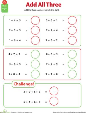 First Grade Addition Worksheets: Add All Three: Adding Three Numbers Adding Three Numbers, Addition Worksheets First Grade, Adding 3 Numbers, 1st Grade Addition, Addition Within 20, Color Worksheets For Preschool, Fun Math Worksheets, Math Addition Worksheets, Everyday Math