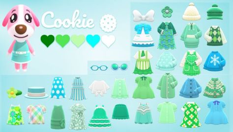 Cookie Yard Guide Acnh, Acnh Cookie Yard, Animal Crossing Lookbook, Cookie Acnh, Animal Crossing Gift Guide, Cookie Animal Crossing, Acnh Gift Guide, Cookie Outfit, Cookie Clothes