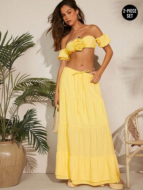 SHEIN Haute Women's Two Piece Set Of Solid Color Off Shoulder Crop Top And Drawstring Skirt With Floral DetailI discovered amazing products on SHEIN.com, come check them out! Picnic Shoot, Yellow Two Piece, Long Midi Skirt, Vacation Outfits Women, Long Midi, Bright Winter, Off Shoulder Crop Top, Shoulder Crop Top, Winter Clothes