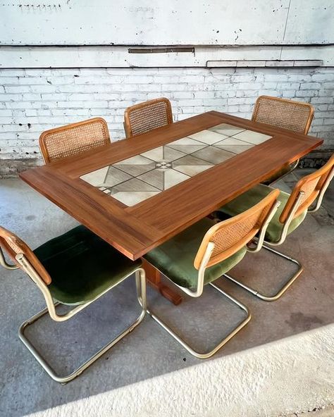 Vintage, Handmade & Restored Goods on Instagram: "Teak Møbler Dining Set w/ 6 (!!!) Cane/Back Cantilever Chairs in green velvet. $1250 63” wide x 35.5” deep x 29” tall Best Part? The tile takes the heat baby! Bring on the Midwest casseroles." Velvet Cane Dining Chairs, Cantilever Chairs Dining Room, Cane Dining Chairs, Cantilever Chair, Green Chair, Green Velvet, Dining Room Chairs, Casseroles, Dining Set