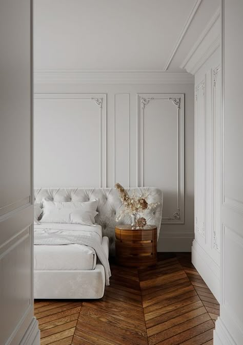 Bedroom Trim, Classical Bedroom, Minimalistic Bedroom, Parisian Interior, Wall Panels Bedroom, Bedroom Trends, Herringbone Floor, Classic Interior Design, Bedroom Panel