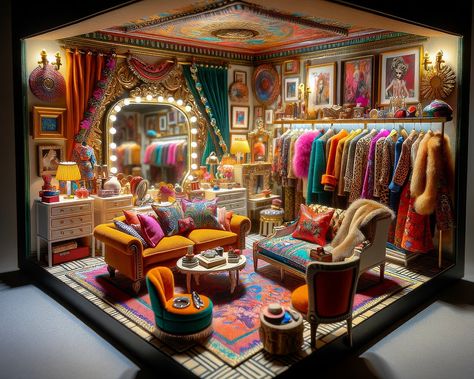 A Tribute in Miniature: Emulating Iris Apfel’s Iconic Style in a Closet Diorama Gilded Mirror, Eclectic Home Decor, Fantasy Closet, Maximalism, She Shed, Iconic Style, Eclectic Home, Silk Velvet, Mixing Prints