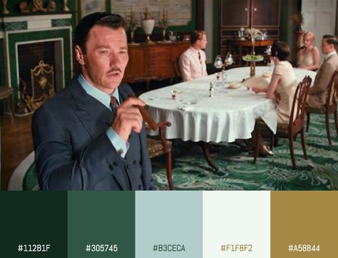 Color Palette inspired by the Great Gatsby (2013) dining room scene. #colors #artDeco #green #greatGatsby #design Great Gatsby Colour Palette, The Great Gatsby Interior, 20s Color Palette, The Great Gatsby Color Palette, Great Gatsby Color Palette, Gatsby Color Palette, Old Hollywood Color Palette, Great Gatsby Interior, 1920s Color Palette