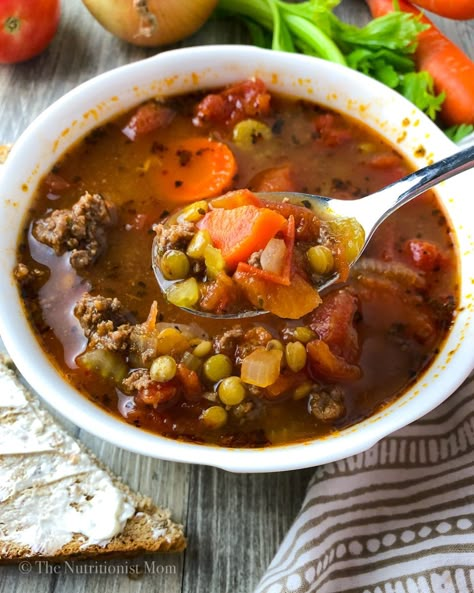 Hamburger Lentil Soup, Veggie Lentil Soup, Weekly Meal Ideas, Lentil Meatballs, Hamburger Stew, Best Soups, Sweet And Sour Meatballs, I Am Hungry, Sage Sausage