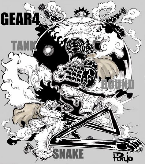 Luffy Gear 4 forms - Boundman, Tankman and Snakeman Luffy Gear Fourth, Bonney One Piece, Luffy Gear 4, Arte Nerd, One Piece Tattoos, Gear 4, Gear 5, 5 Anime, One Piece Drawing