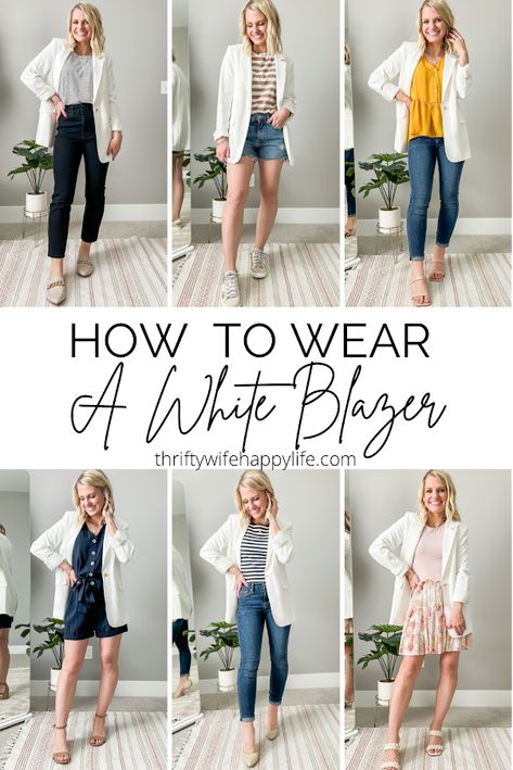 How to wear a white blazer Off White Blazer Outfit, White Blazer Outfit Casual, White Blazer Outfit Work, Casual Blazer Outfit Women, White Blazer Work, How To Wear A White Blazer, White Jacket Outfit, White Blazer Outfits, White Blazer Women