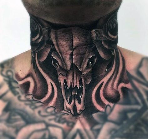 Black Ink Shaded Mens Bull Skull Neck Tattoo Skull Neck Tattoo, Bull Skull Tattoo, Black Crow Tattoos, Neck Tattoos For Men, Skull Tattoo Designs, Bull Skull Tattoos, Western Ideas, Best Neck Tattoos, Throat Tattoo