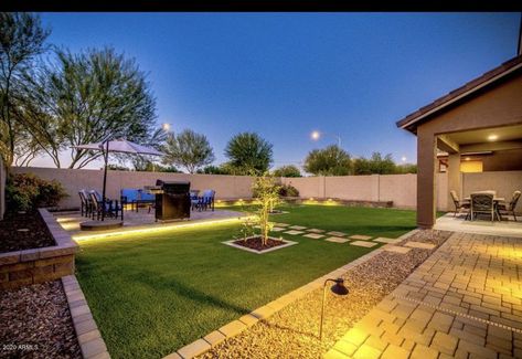 Lights under lifted pavers in 2022 | Outdoor patio ideas backyards, Backyard landscaping, Backyard remodel Square Grass Backyard, Turf And Grass Backyard, Backyard Patio Designs Artificial Turf, Rectangle Yard Design, Simple Arizona Backyard Landscaping, Simple Arizona Backyard, Backyard Ideas Large Yard, New Construction Backyard Ideas, Track Home Backyard Ideas