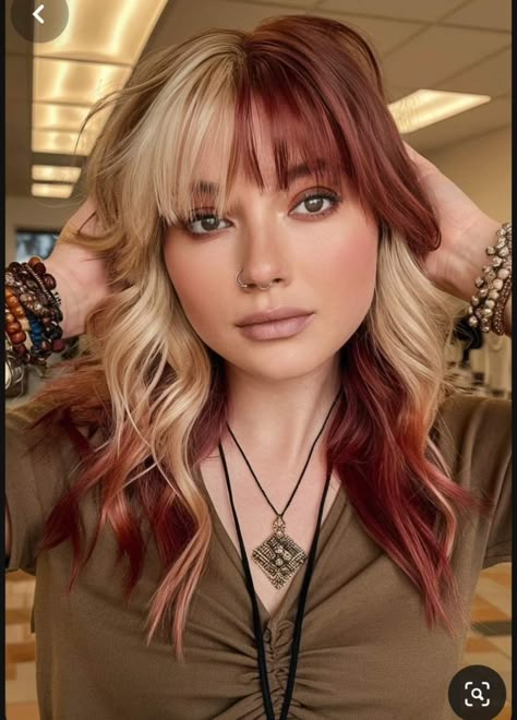 Block Color Ideas Hair, Burgundy Hair Blonde Bangs, Caramel Color Block Hair, Red Hair Blonde Color Block, Blonde And Other Color Hair, Dark Auburn Hair With Blonde Money Piece, Color Blocking With Bangs, Blonde Color Blocking Hair, Halo Hair Color Ideas For Brunettes