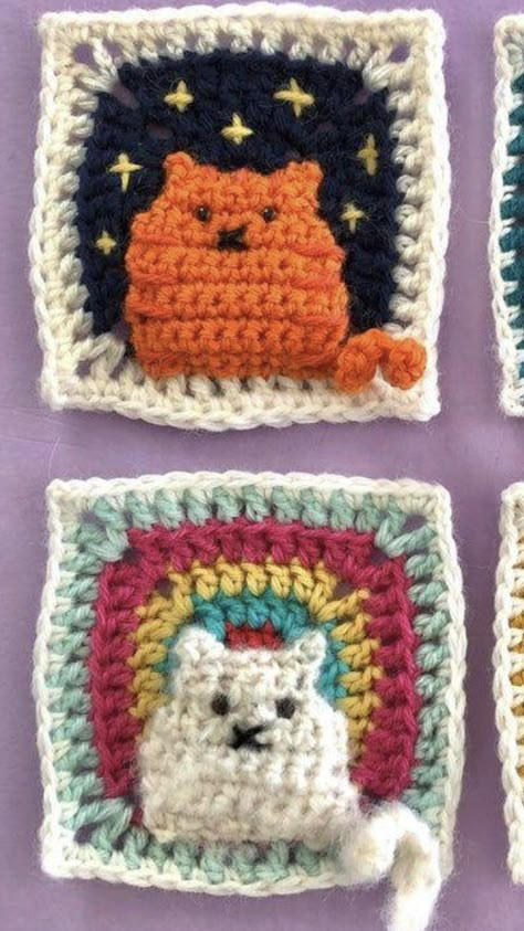 Sanrio Granny Square, Music Granny Square, Studio Ghibli Crochet Square, Crochet Cat Square, Cat Crochet Pattern Free Granny Squares, Crochet Cat Granny Square Pattern, Sanrio Crochet Granny Square, Many Cats Square Crochet, Trendy Crochet Projects