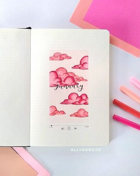 Journal Ideas Aesthetic January, Cloud Bujo Theme, Cloud Bujo, Clouds Journal, Cloud Bullet Journal, Bujo January Theme, January Bujo Theme, January Bujo Cover, Bullet Journal January Cover