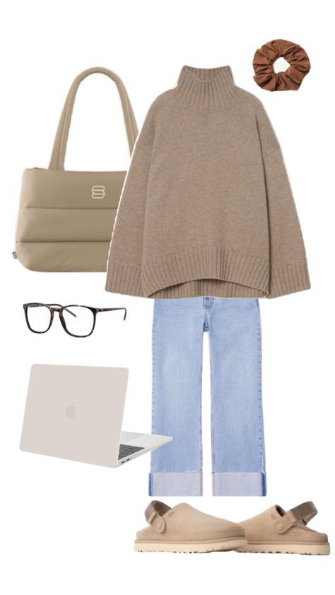 Cozy and minimalist outfit perfect for fall 🍂. An oversized knit sweater paired with relaxed straight-leg jeans and comfy mules. Finished with a chic quilted bag and retro-inspired glasses. Ideal for a work-from-home day or a casual brunch! #FallFashion #MinimalistStyle #CozyOutfit #WorkFromHomeVibes #TT Mules Outfit, Outfit For Fall, Oversized Knit Sweater, Chic Quilts, Cozy Outfit, Quilted Bag, Minimalist Outfit, Sweater Weather, Retro Inspired