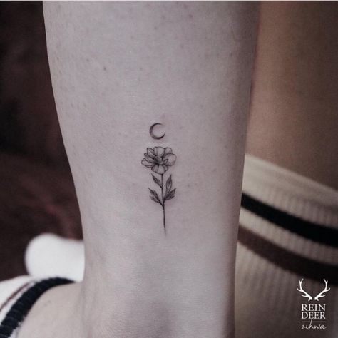 6 Shocking Facts About Crescent Moon And Flower Tattoo | crescent moon and flower tattoo | by Khatarine | Medium Marigold Tattoo, 심플한 그림, Petit Tattoo, Flower Moon, Birth Flower Tattoos, Geniale Tattoos, Back Tattoo Women, Dainty Tattoos, Aesthetic Tattoo