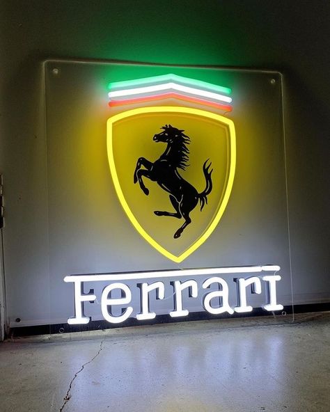 Ferrari Room Decor, Car Room Decor Men, F1 Room Decor, Signboard Ideas, Guy Room Decor, F1 Room, Room Decor Men, Car Room Decor, Cool Neon Signs