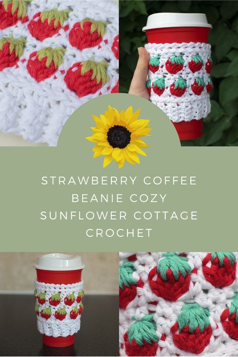 Our most loved Coffee Beanie Cozy pattern yet, the Strawberry Coffee Beanie Cozy crochet pattern is by far one of the best you can have for summer!  Works with cold drinks as well as hot.  Fits 20oz Starbucks to-go cups! Sunflower Cup Cozy Crochet, Free Cup Cozy Crochet Pattern, Crochet Can Cozy, Crochet Strawberries, Crochet Cozies, Strawberry Crafts, Coffee Cozy Pattern, Cup Cozy Crochet Pattern, Strawberry Coffee