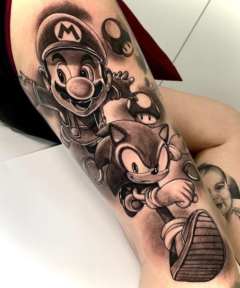 Sonic Tattoo Ideas, Sonic Tattoo, Super Mario Tattoo, Mario Tattoo, Bicep Tattoo Men, Egyptian Tattoo Sleeve, Gamer Tattoos, Comic Tattoo, Dragon Ball Tattoo