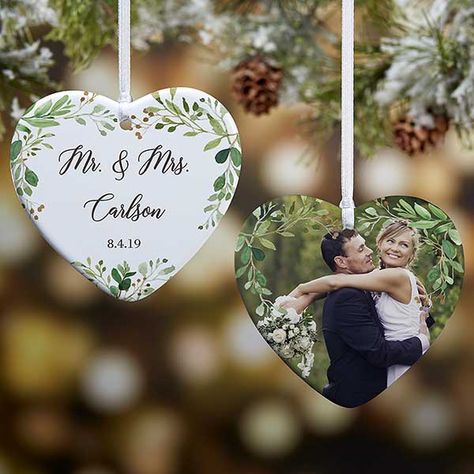 Laurels Of Love Wedding Photo Ornament Handprint Pottery, Mason Jar Candle Favors, Couple Ornaments, Ornament Wedding Favors, Personalized Candy Bar Wrapper, Personalized Mason Jars, Laurel Leaf, Wood Wedding Signs, Personalized Wedding Cake Toppers