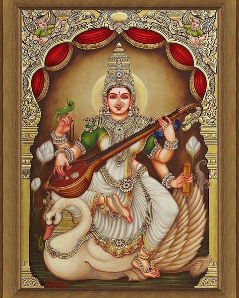 Saraswati Images, Images For Dp, Saraswati Painting, Hindu Cosmos, Maa Saraswati, Saraswati Photo, Mysore Painting, Indian Traditional Paintings, Saraswati Devi