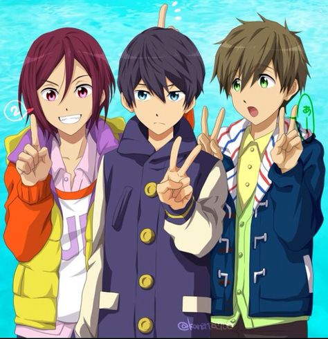 rin, haru, and makoto Haru And Makoto, Swimming Anime, Anime W, Rin Matsuoka, Makoto Tachibana, Free Eternal Summer, Splash Free, Free Iwatobi Swim Club, Kyoto Animation