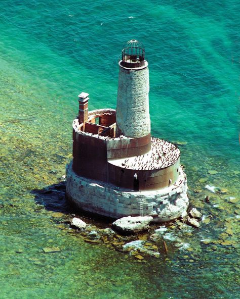 The abandoned Waugoshance Lighthouse. Constructed in 1850 and lit in 1851, it was deactivated in 1912. It used to protect boats from a shoal area at the northern end of Lake Michigan - located in Emmet County, Michigan. Lake Lighthouse, Lighthouse Pictures, Beautiful Lighthouse, Beacon Of Light, The Windy City, Light House, Pure Michigan, Abandoned Buildings, Old Buildings