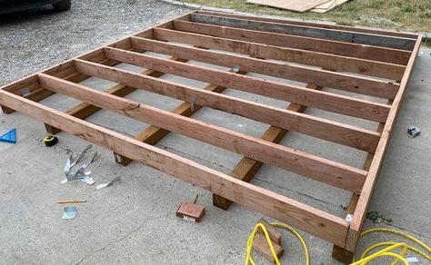 How to Build a Shed Foundation on Skids - Build Blueprint Deck Benches, Floating Decks, Ground Deck, Ground Level Deck, Tent Platform, Building A Floating Deck, Platform Deck, Walk In Chicken Coop, Deck Diy