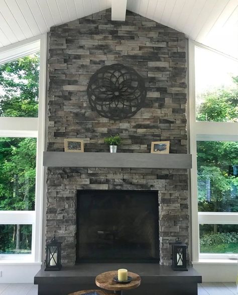 Slate Stacked Stone Fireplace, Charcoal Fireplace Brick, Grey Fireplace Brick, Black Rock Fireplace, Fireplace Veneer, Fireplace Refresh, Fire Restoration, Grey Stone Fireplace, Stone Veneer Fireplace