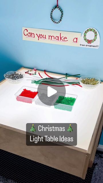 Jamie White on Instagram: "Christmas Light Table Ideas: 🎄Make an ornament with pony beads and pipe cleaners 🎄Make a gingerbread cookie with table scatter 🎄Use transparent pattern blocks to make Christmas shapes (free templates from @prekinders !) 🎄Decorate a tree with table scatter pieces  #lighttableactivities #lighttableplay #christmascenters #preschoolactivities #preschoolclassroom #prek #prek3 #prek4" Holiday Light Table Activities, Gingerbread Light Table, Christmas Light Table Activities, Reggio Emilia Christmas Ideas, Christmas Light Table, Light Table Ideas, Santa Activity, Jamie White, Christmas Shapes