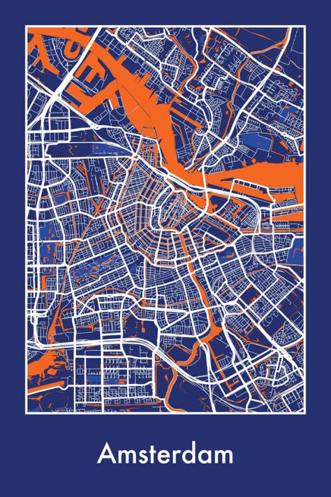 Viewed together, these colorful and impressionistic maps depict the organic, evolving nature of the urban landscape. Maps Illustration Design, Map Of Amsterdam, Amsterdam Map, Netherlands Map, Cartography Map, City Maps Design, City Map Wall Art, Infographic Map, City Map Art