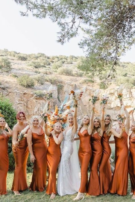 Burt Orange Bridesmaid Dresses, Burnt Orange And Yellow Bridesmaid Dresses, Orange Tone Bridesmaid Dresses, Fall Bridesmaid Dresses Burnt Orange, Different Color Orange Bridesmaid Dresses, Pumpkin Orange Bridesmaid Dresses, Burnt Orange Wedding Outfit, Orange Wedding Dress Bridesmaid, Orange Summer Bridesmaid Dresses