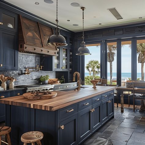 Get Inspired: 30 Blue Kitchen Ideas You’ll Love Navy Blue Kitchen Cabinets With Wood Countertop, Dark Blue Cabinets With Butcher Block, Nautical Blue Kitchen Cabinets, Blue Cabinetry Kitchen, Blue Kitchen Walls Dark Wood Cabinets, Navy Blue Kitchen Cabinets Butcher Block, Navy Blue And Wood Kitchen, Dark Blue And Wood Kitchen, Blue Kitchen Cabinets With Butcher Block