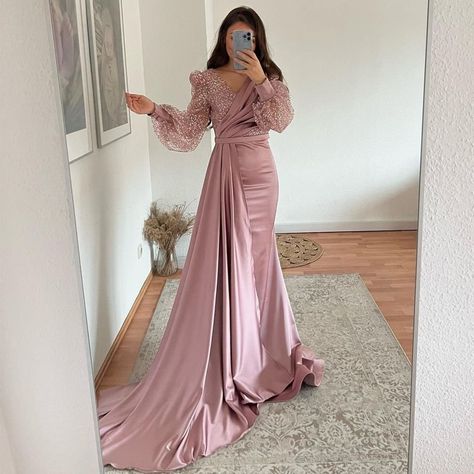 Smarter Shopping, Better Living! Aliexpress.com Prom Dresses Glitter, Pink Evening Gowns, Long Puffy Sleeves, Evening Wear Dresses, Pink Evening Dress, Gown Plus Size, Braut Make-up, Long Prom Gowns, Long Sleeve Evening Dresses