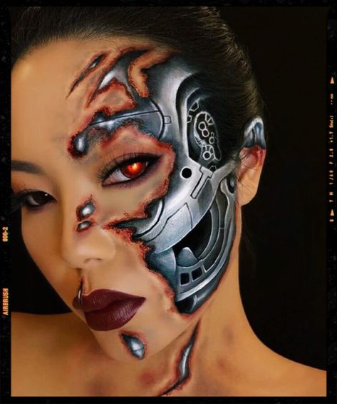 Robotic Makeup Look, Sci Fi Face Paint, Terminator Makeup Halloween, Cool Full Face Makeup Art, Airbrush Body Art, Robot Halloween Makeup, Robot Makeup Halloween, Robot Makeup Cyborgs, Airbrush Halloween Makeup