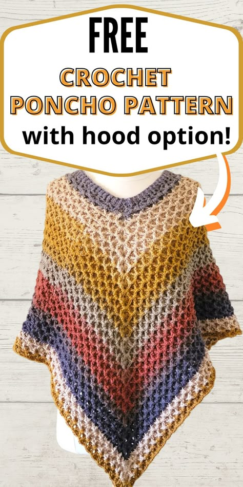 This free crochet poncho hooded pattern comes in multiple sizes starting from Woman's size Small to plus sizes up to 5XL. The free poncho pattern for women has a beautiful texture that is easy to work. It has a V-neck crochet poncho option too. Free Patterns For Crochet Shawls, Crochet Poncho Shawl Pattern Free, Crochet Top Down Poncho Free Pattern, Crochet Asymmetrical Poncho, Crochet Cowl Neck Poncho, Crochet Cape Pattern Free Hooded Cloak, Hooded Crochet Shawl, Crochet Turtleneck Poncho Pattern Free, Crochet Poncho With Hood Free Pattern