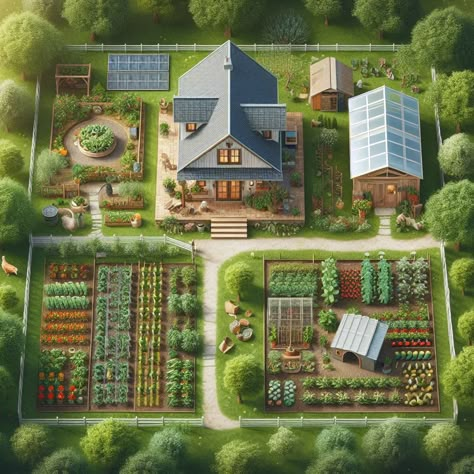 Get inspired with layout ideas that turn a quarter acre into a sustainable and productive living space. Homestead Farm Layout, 2 Acre Farm Layout, Bloxburg Farm Layout, The Sims 4 Garden Ideas, Agrotourism Ideas Farms, Farm Plans Layout Design, Quarter Acre Homestead Layout, 1 Acre Homestead Layout, Farm Layout Ideas