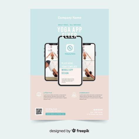 Yoga app brochure template Free Vector Mobile Apps Poster, App Advertising Design Poster, Banner App Design, App Poster Design Ideas, App Flyer Design, App Brochure Design, Mobile App Promotion, App Promotion Poster, Application Poster Design