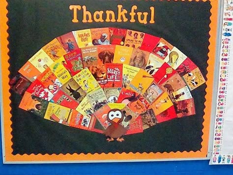 Thankful for Books bulletin board Turkey made from book covers. Library Thanksgiving Displays, Thanksgiving Bulletin Board, October Library Bulletin Boards, Thanksgiving Bulletin Boards For Library, Thankful For Books Bulletin Board, Thanksgiving Bulletin Boards For School Library, Thanksgiving Library Bulletin Board Ideas, Thanksgiving Reading Bulletin Boards, Library Thanksgiving Bulletin Boards