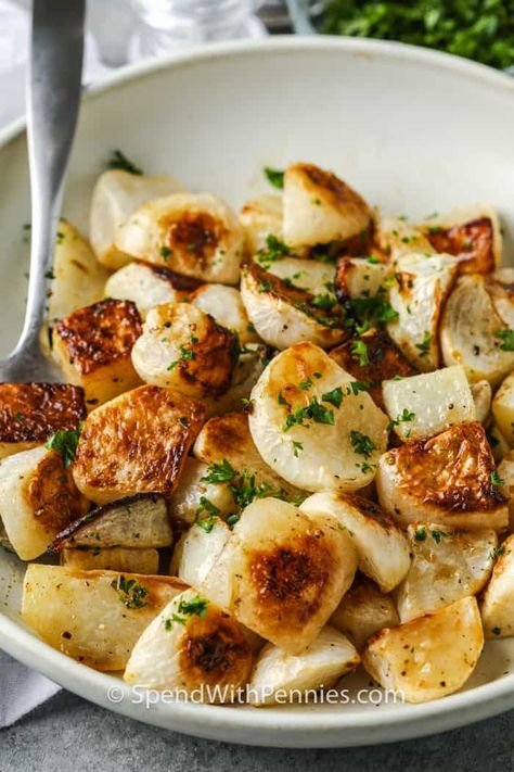 Turnips Recipe Southern Style, Turnips Recipes, Turnip Roots, Farm Basket, Quick Easy Side Dishes, Greens Recipes, Roasted Turnips, Turnip Recipes, Vegan Apps