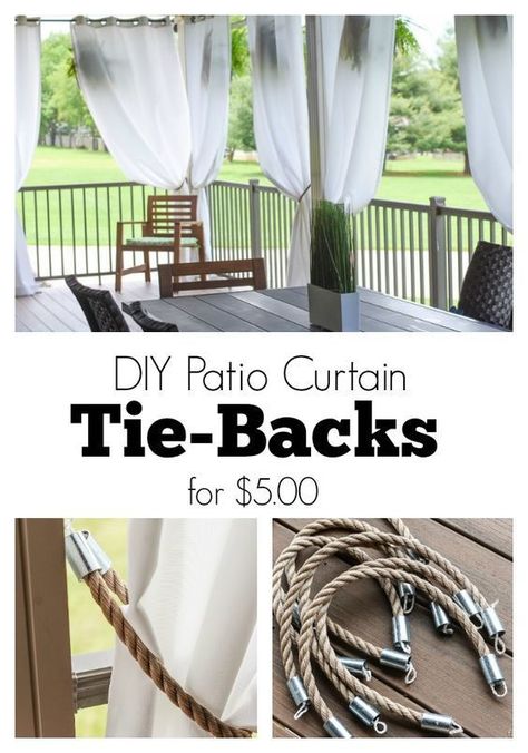 DIY Patio Curtain Tie-Backs tutorial! It only cost $5 a piece to make them like this! Rope, nautical, couplings, electrical tape, line, and done! Curtain Outdoor, Outdoor Curtains For Patio, Porch Curtains, Pergola Curtains, Concrete Patios, Balcony Ideas Apartment Outdoor, Patio Curtains, Apartment Patio, Patio Diy