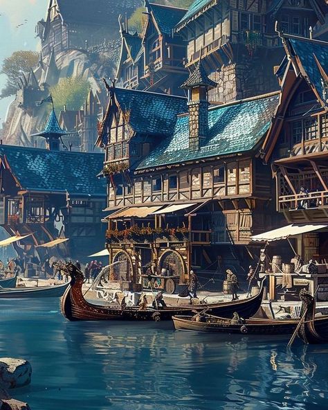 Coastal Fantasy Town, Fantasy Lake Town, Fantasy Fishing Town, Town Fantasy Art, Fantasy Harbor, Medieval Apocalypse, Fishing Town, Fantasy Words