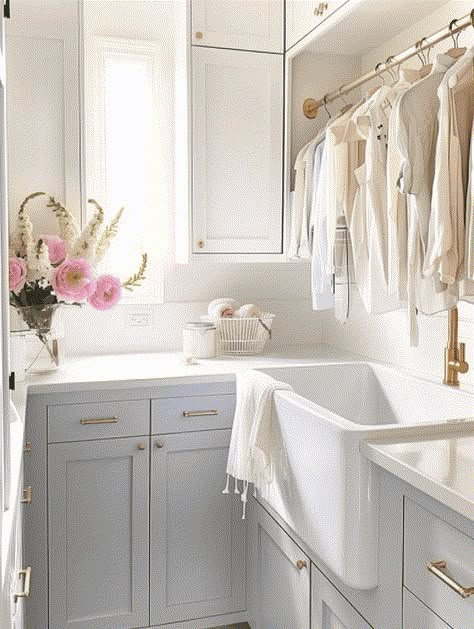 Laundry Room Hanging Bar Over Sink, Laundry Room Clothes Rod, Laundry Room With Sink Under Window, Laundry Room Rod Ideas Hanging Racks, Laundry Closet With Hanging Rod, Laundry With Hanging Rail, Laundry Room With Hanging Space, Hanging Rods In Laundry Room, Ways To Hang Clothes