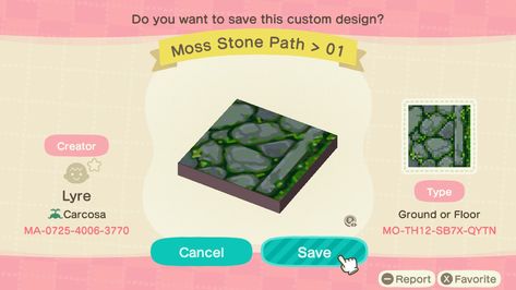 Acnh Moss Stone Path, Acnh Moss Path Design, Acnh Moss Designs, Moss Stone Path, Stone Path Animal Crossing, Path Animal Crossing, Acnh Path, Animal Crossing Guide, Acnh Design