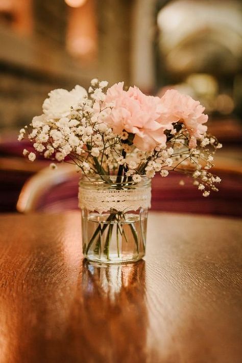 jam jar flowers pride and prejudice wedding chatsworth house / http://www.himisspuff.com/rustic-wedding-centerpiece-ideas/ Jam Jar Flowers, Inexpensive Wedding Centerpieces, Deco Champetre, Spring Centerpiece, Wedding Floral Centerpieces, Inexpensive Wedding, Rustic Wedding Centerpieces, Wedding Table Decorations, Wedding Arrangements