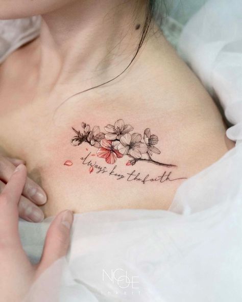 Chest Collarbone Tattoo Female, Female Collar Bone Tattoos, Flower Chest Tattoo Female, Floral Chest Tattoo Female, Apple Blossom Tattoos, Maple Tree Tattoos, Collarbone Tattoo, Body Tattoo Design, Tattoo Female