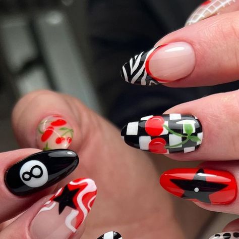 Taylei Williams Osborne on Instagram: "when your client asks for black, white, & cherries and this is what your brain puts together🍒🏁" Red Vegas Nails, Fun Black Nail Designs, Skull Cherry Nails, Cool Nail Designs 2024, Simple Vegas Nails, Vegas Theme Nails, Food Nails Designs, 50s Nails, Elegant Black Nails